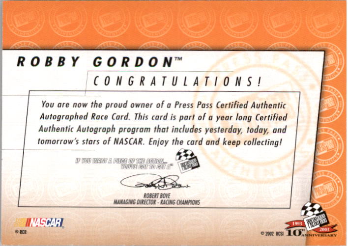 2003 Press Pass Autographs #17 Robby Gordon E/P back image