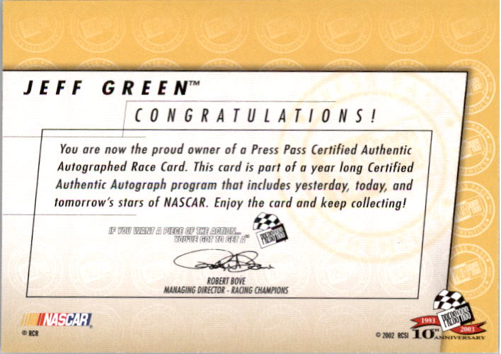 2003 Press Pass Autographs #19 Jeff Green E/P back image