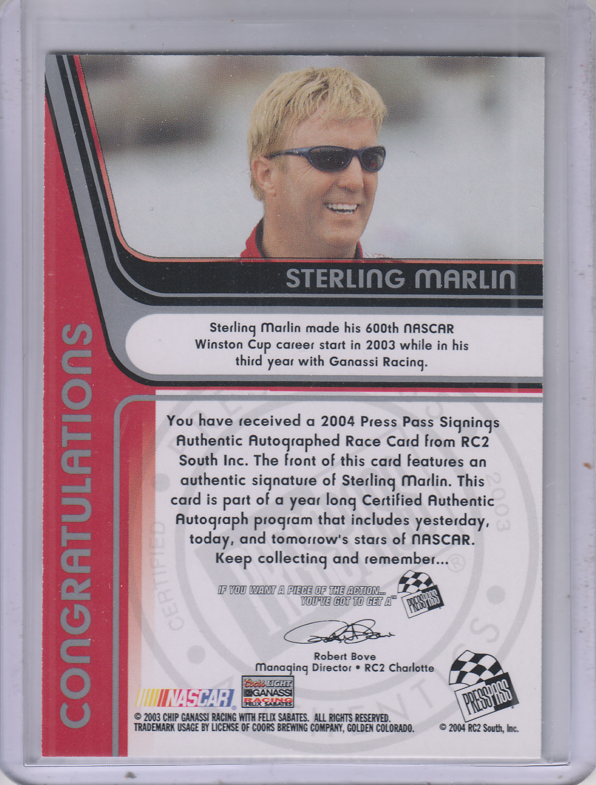 2004 Press Pass Signings #40 Sterling Marlin O/P/S/T/V back image