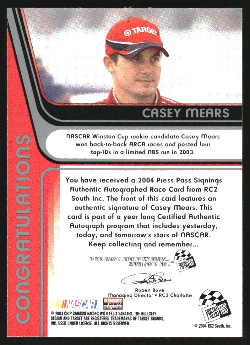 2004 Press Pass Signings #44 Casey Mears O/P/S/T back image