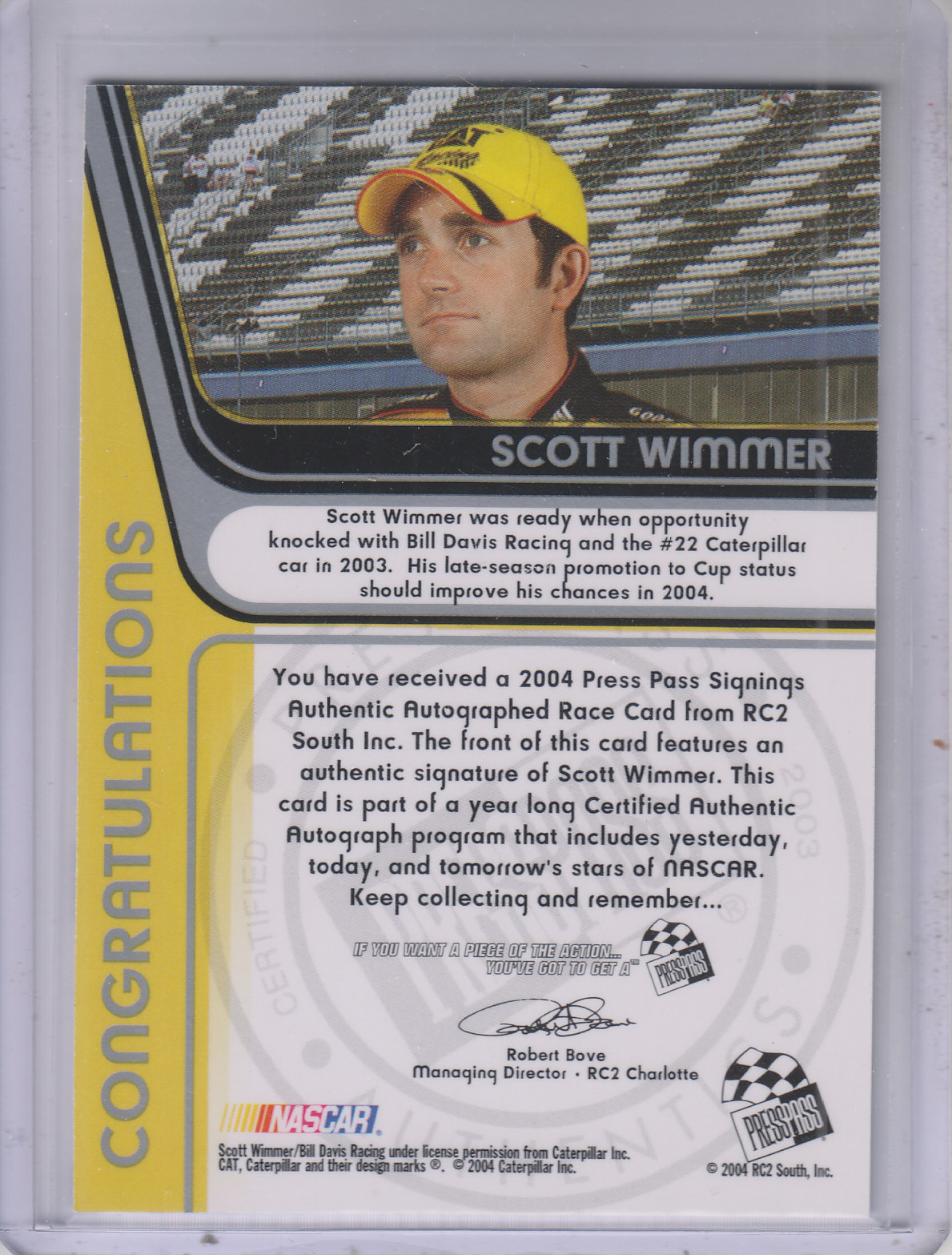 2004 Press Pass Signings #65 Scott Wimmer O/P/S/T/V back image