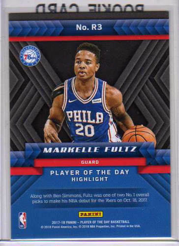 2017-18 Panini Player of the Day Highlight Rookies #R3 Markelle Fultz RC Serial #39/50 back image