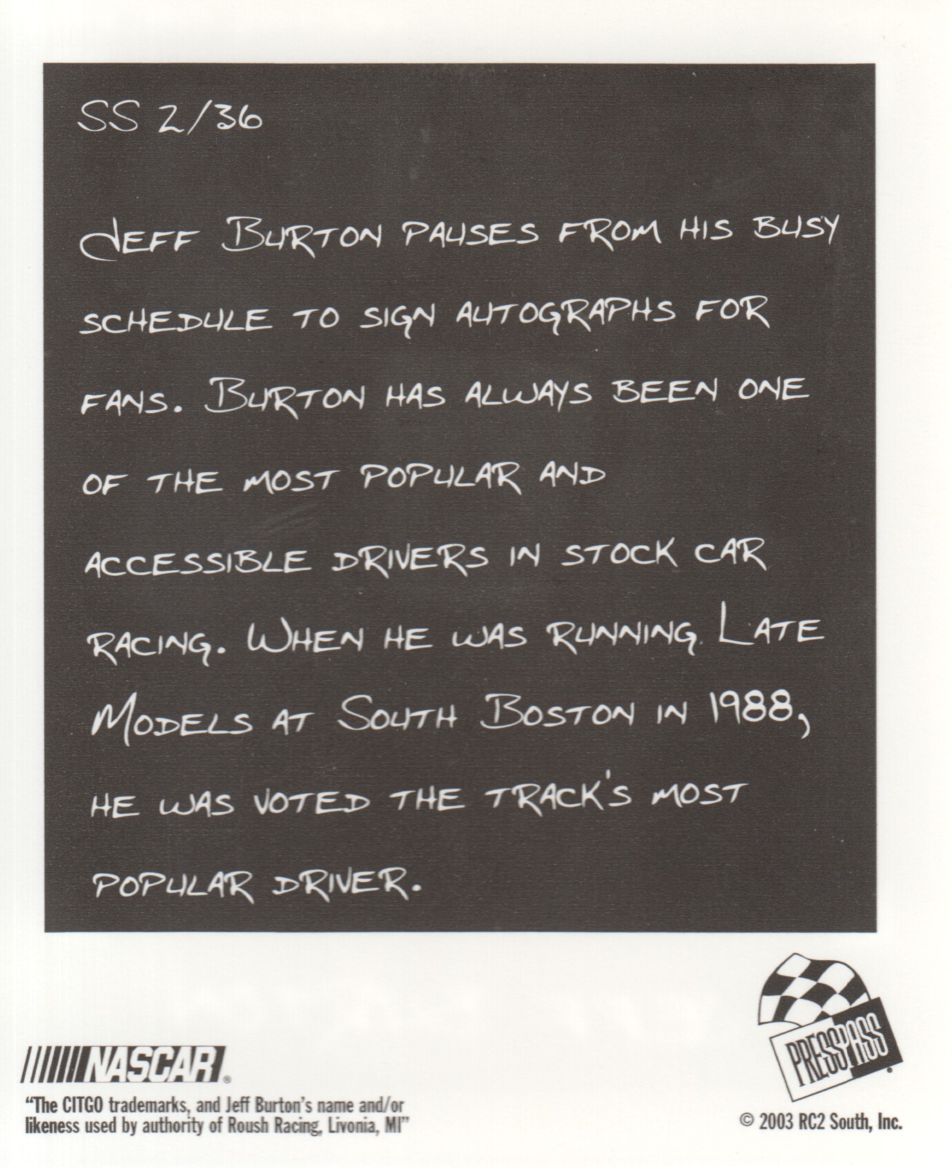 2004 Press Pass Snapshots #SN2 Jeff Burton back image