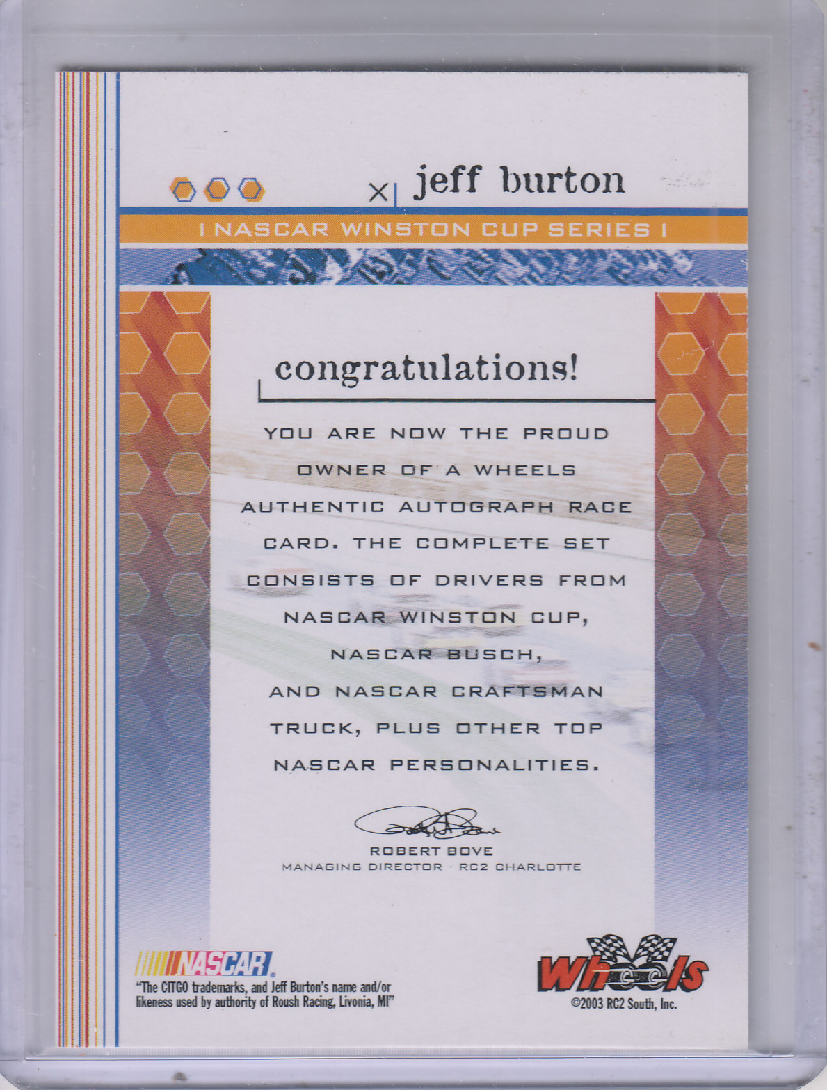 2004 Wheels Autographs #8 Jeff Burton HG back image