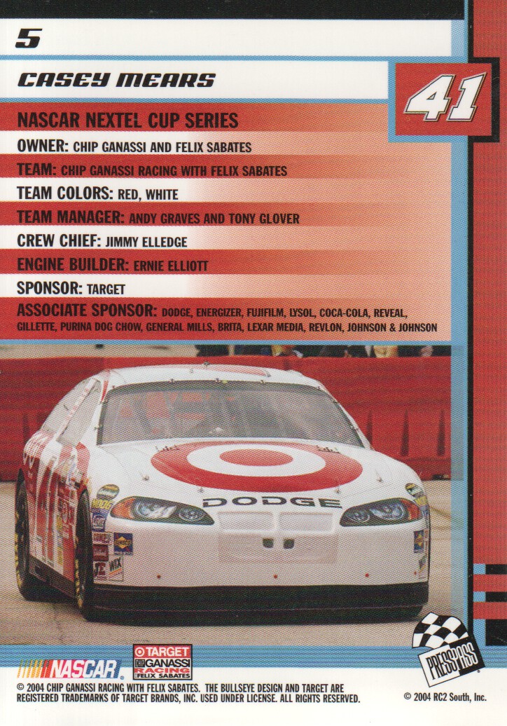 2004 Press Pass Trackside #5 Casey Mears back image