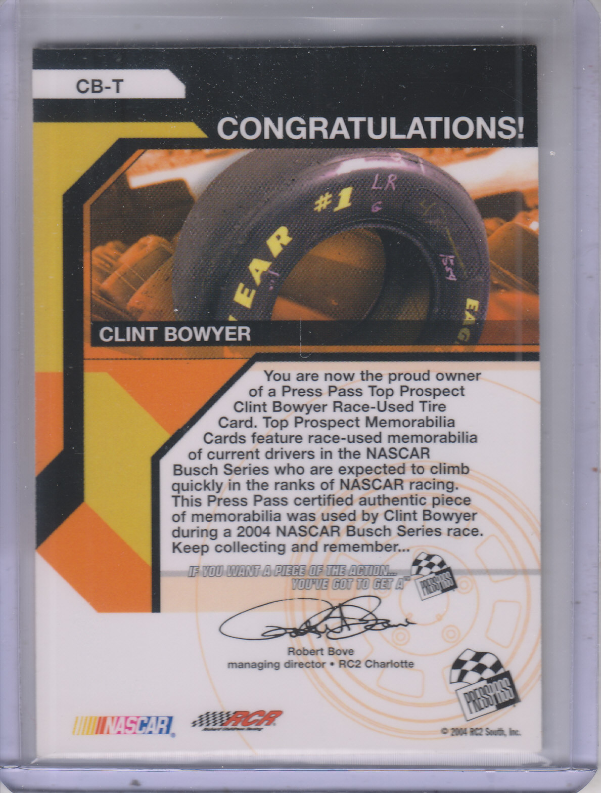 2004 Press Pass Top Prospects Memorabilia #CBT Clint Bowyer Tire back image