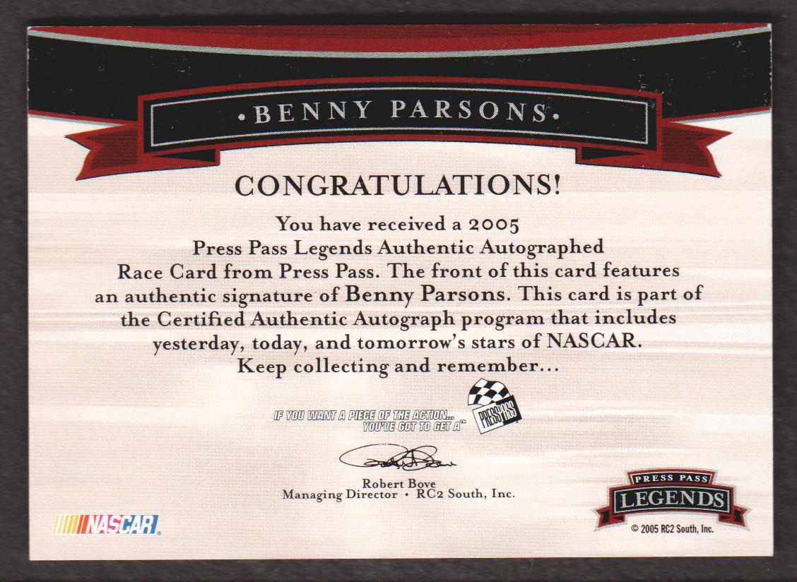 2005 Press Pass Legends Autographs Blue #7 Benny Parsons/700 back image