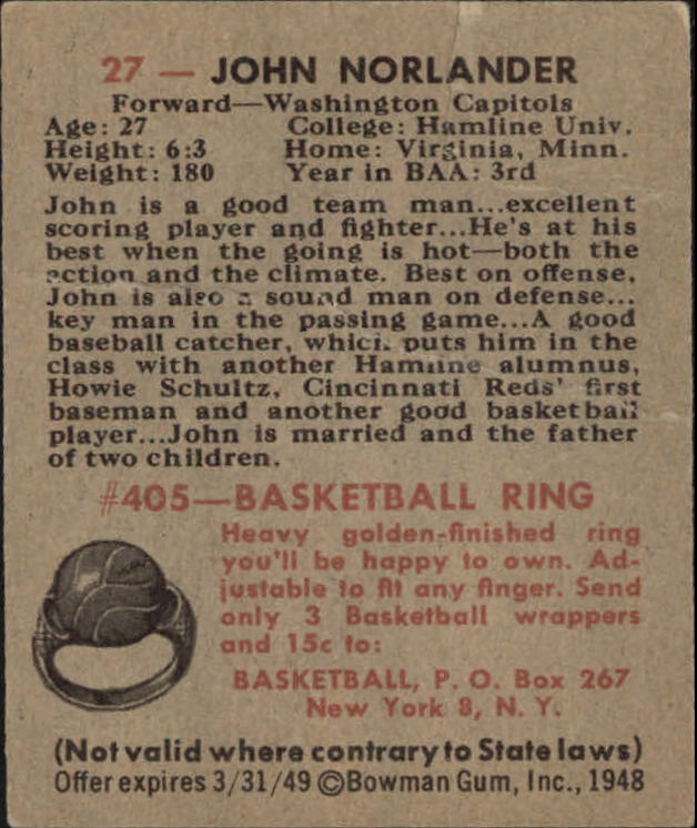 1948 Bowman #27 John Norlander back image