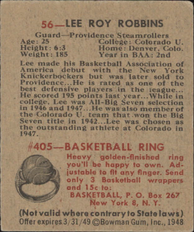 1948 Bowman #56 Lee Roy Robbins back image