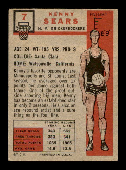 1957-58 Topps #7 Kenny Sears DP RC back image