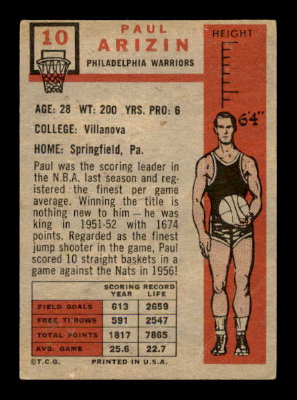 1957-58 Topps #10 Paul Arizin DP RC back image