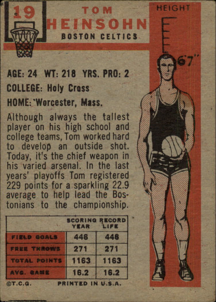 1957-58 Topps #19 Tom Heinsohn RC back image
