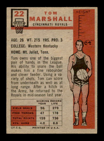 1957-58 Topps #22 Tom Marshall back image