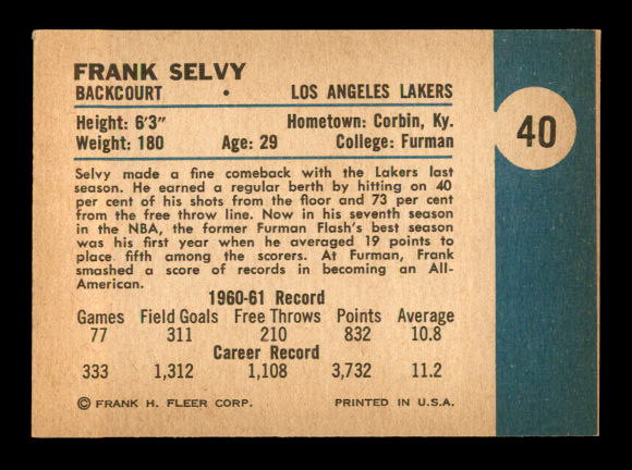 1961-62 Fleer #40 Frank Selvy back image