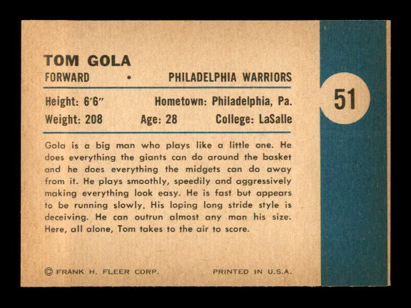 1961-62 Fleer #51 Tom Gola IA back image