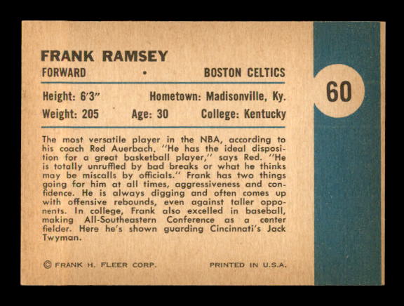 1961-62 Fleer #60 Frank Ramsey IA back image