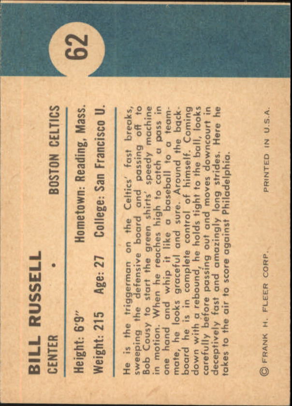 1961-62 Fleer #62 Bill Russell IA ! back image