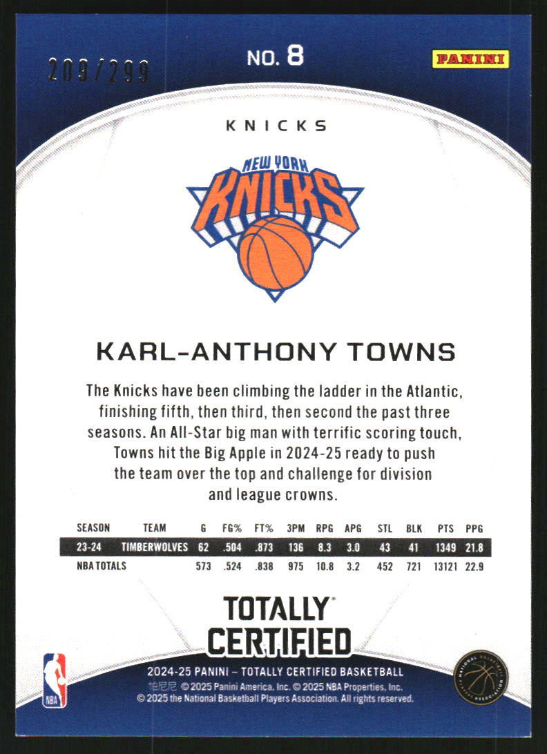 2024-25 Totally Certified Mirror Neon Orange #8 Karl-Anthony Towns