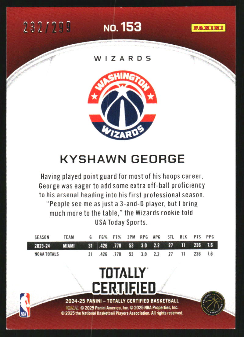2024-25 Totally Certified Mirror Neon Orange #153 Kyshawn George /299