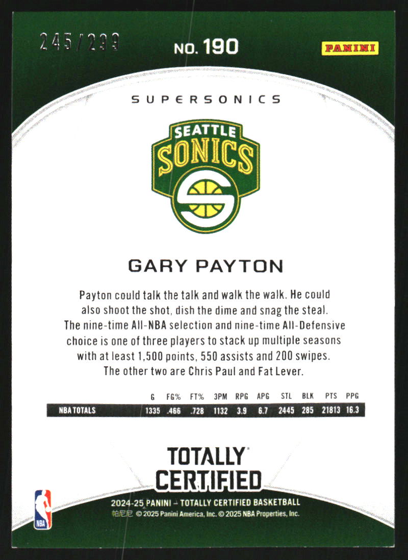2024-25 Totally Certified Mirror Neon Orange #190 Gary Payton LGD /299