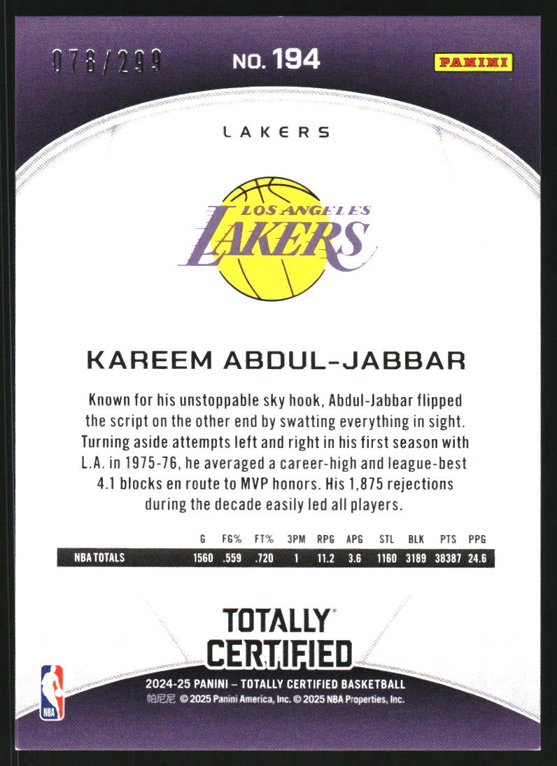 2024-25 Totally Certified Mirror Neon Orange #194 Kareem Abdul-Jabbar LGD