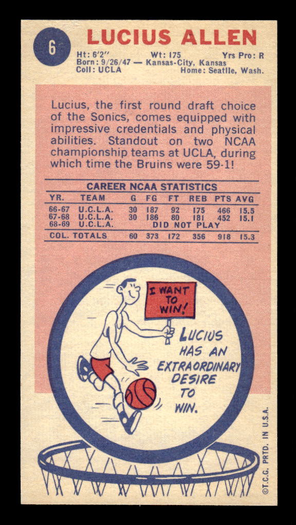 1969-70 Topps #6 Lucius Allen RC back image
