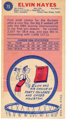 1969-70 Topps #75 Elvin Hayes RC back image