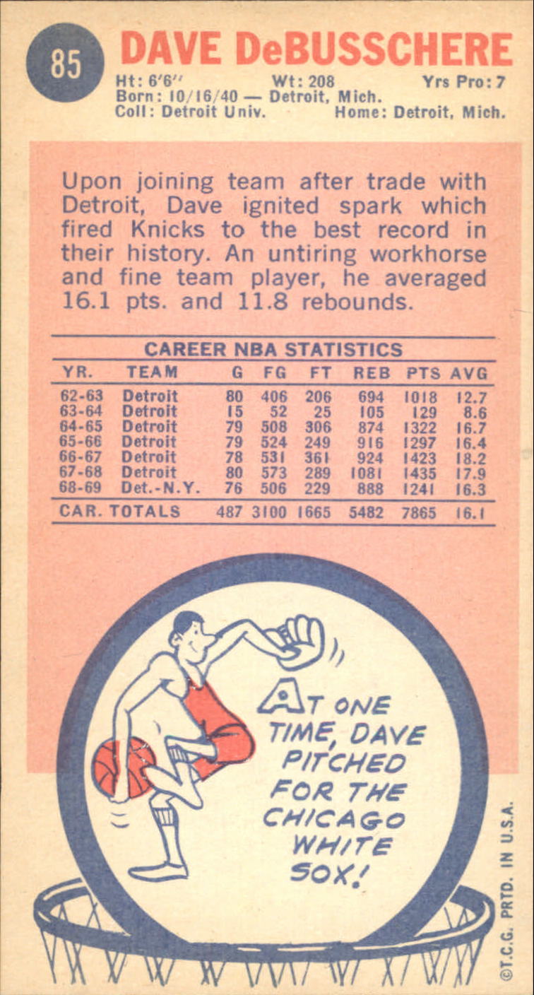 1969-70 Topps #85 Dave DeBusschere RC back image