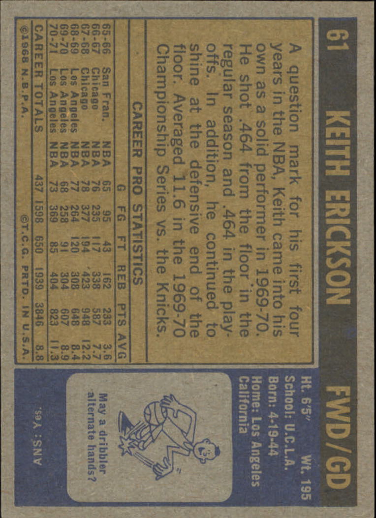 1971-72 Topps #61 Keith Erickson back image