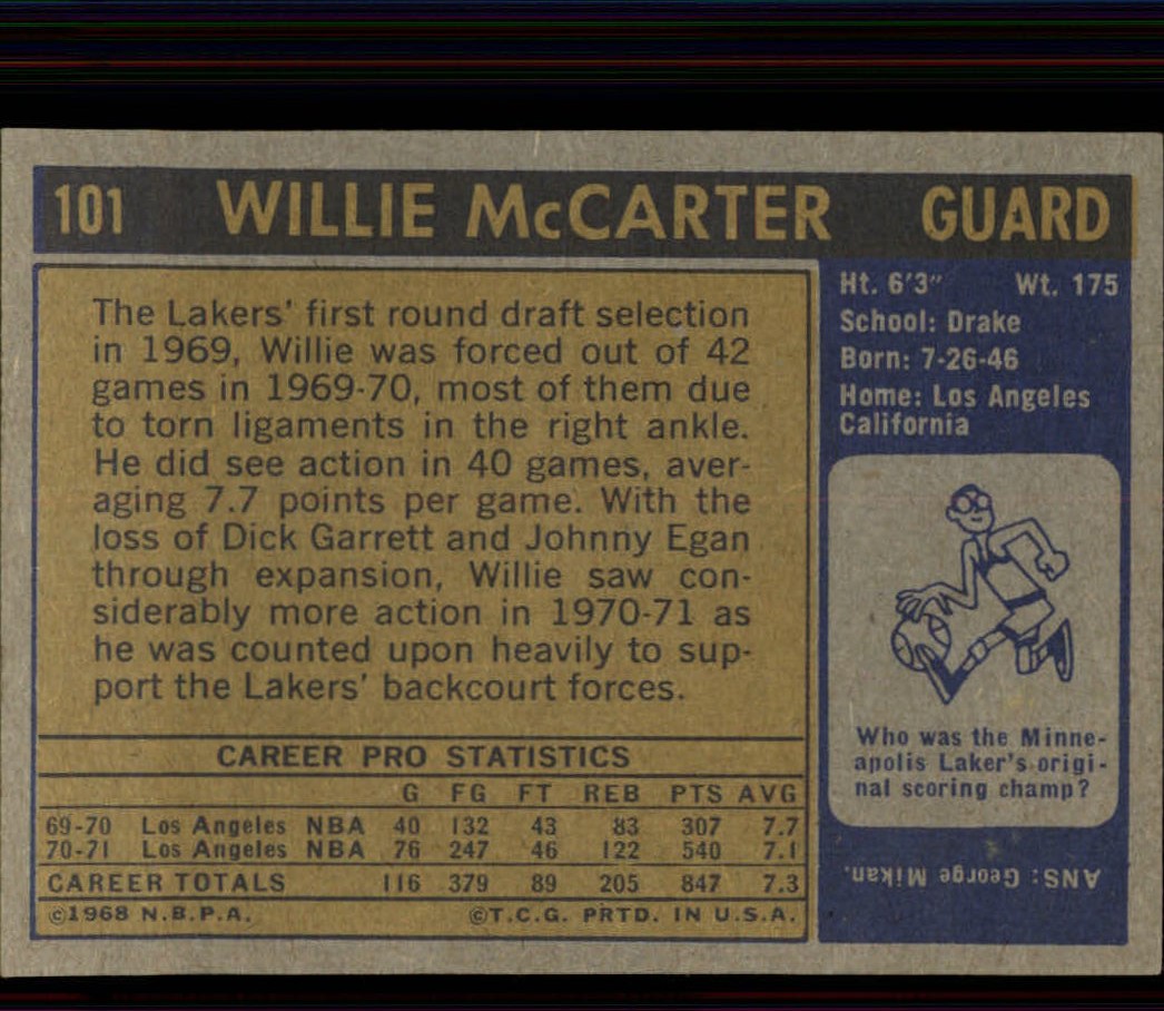 1971-72 Topps #101 Willie McCarter back image