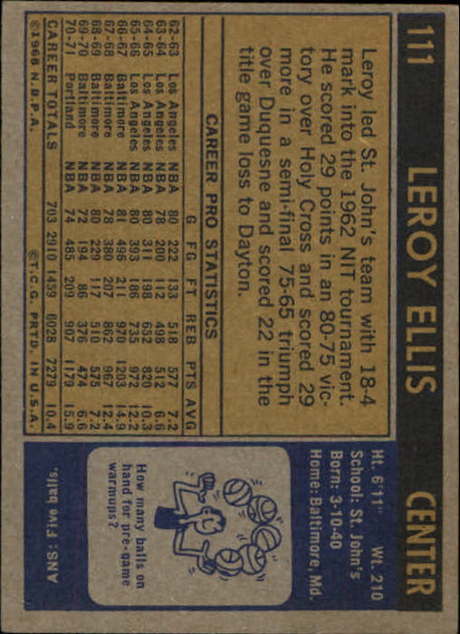 1971-72 Topps #111 Leroy Ellis back image