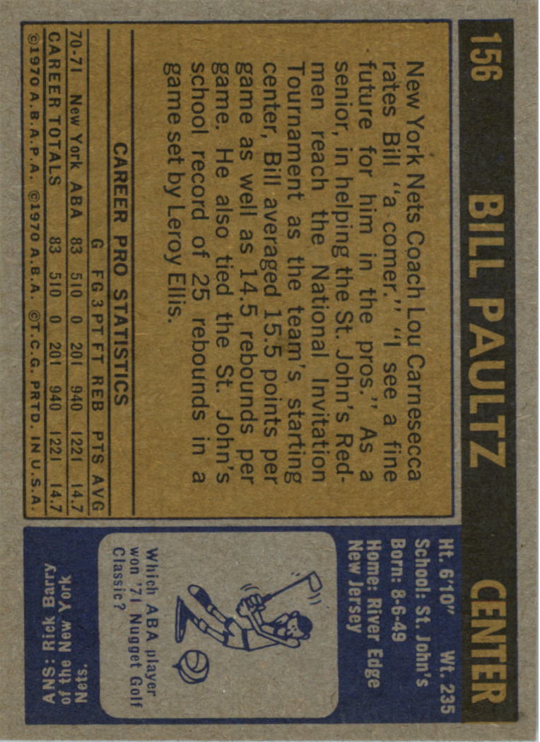 1971-72 Topps #156 Billy Paultz RC back image