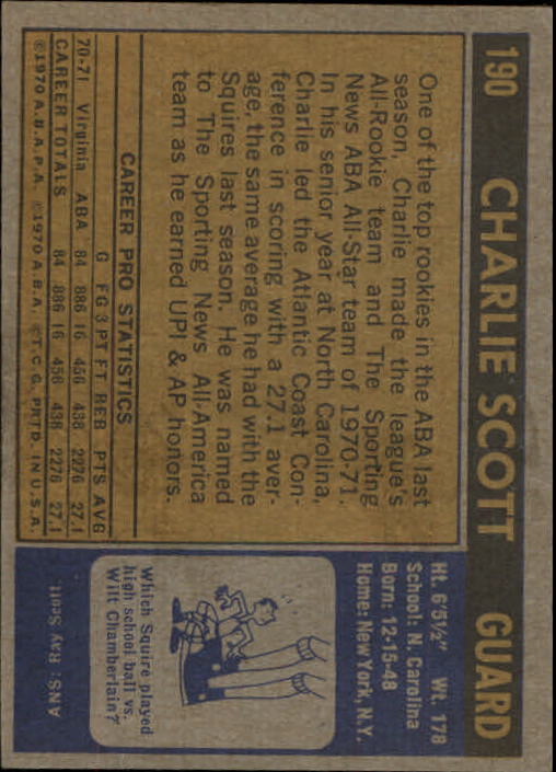 1971-72 Topps #190 Charlie Scott RC back image