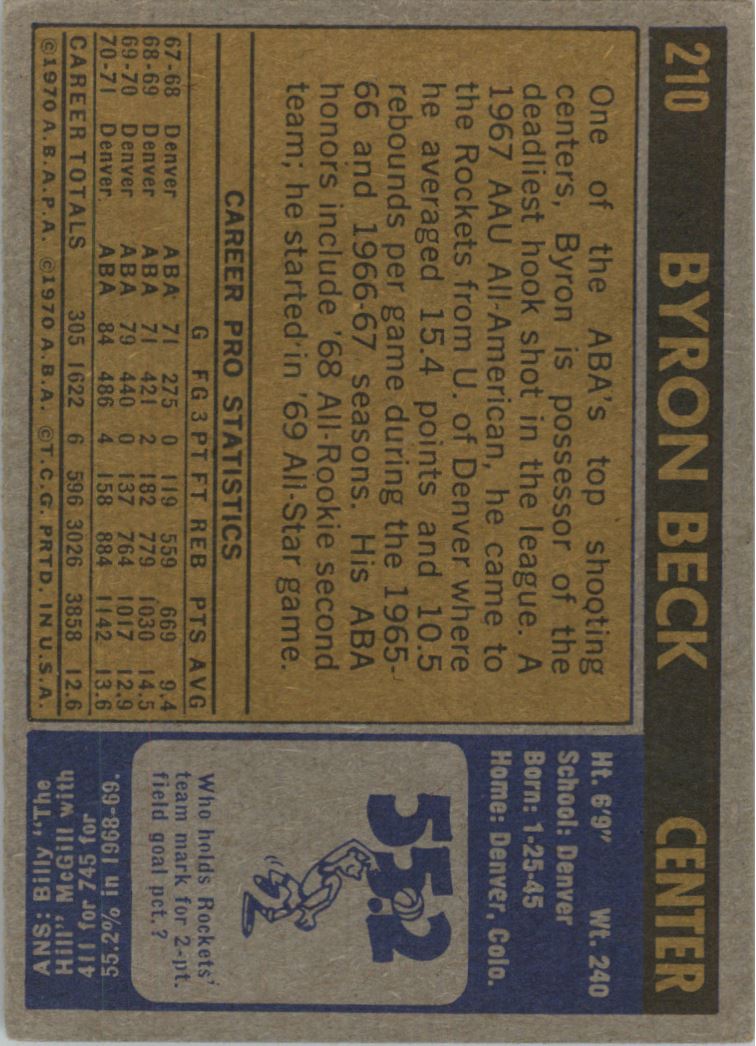 1971-72 Topps #210 Byron Beck RC back image