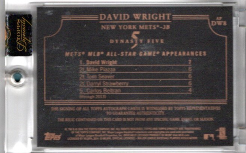 2014 Topps Dynasty Autograph Patches #APDW8 David Wright Autograph 4 Color Game-Worn Jersey Patch Card Serial #07/10 back image