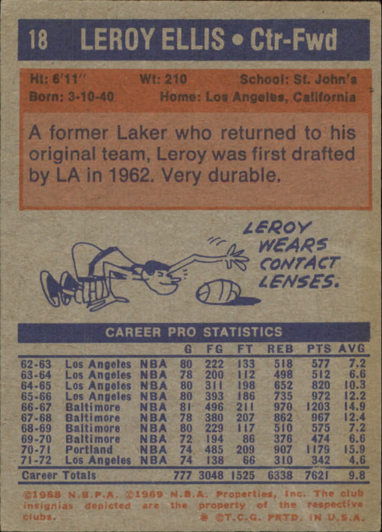 1972-73 Topps #18 Leroy Ellis back image