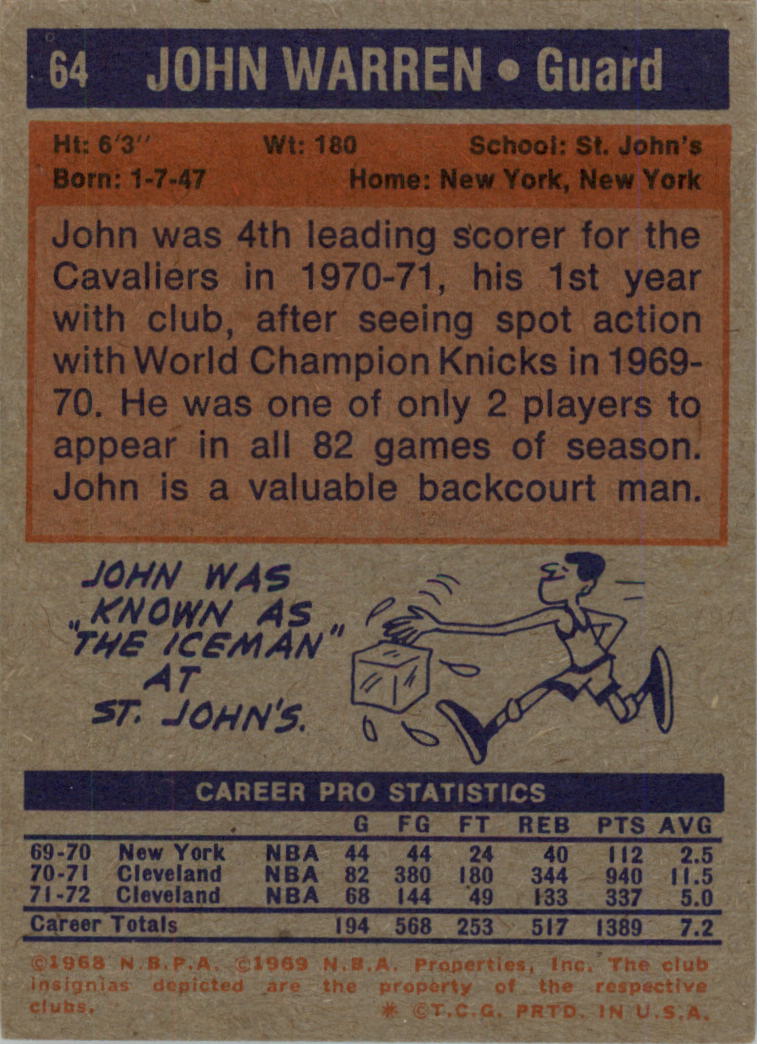 1972-73 Topps #64 John Warren back image