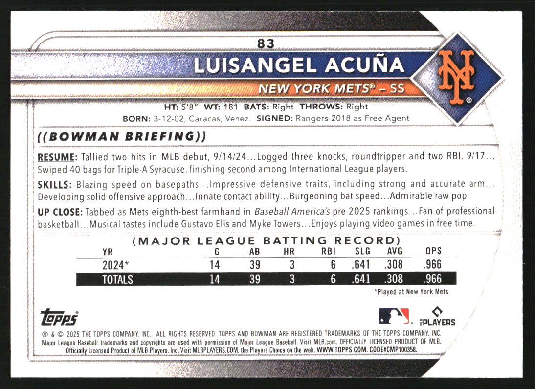 2025 Bowman #83 Luisangel Acuna RC