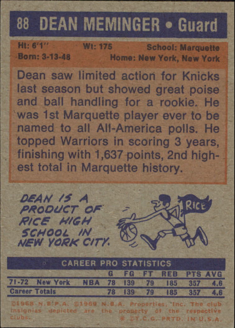 1972-73 Topps #88 Dean Meminger RC back image