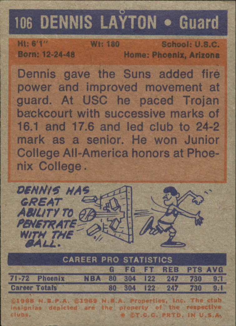 1972-73 Topps #106 Dennis Layton back image