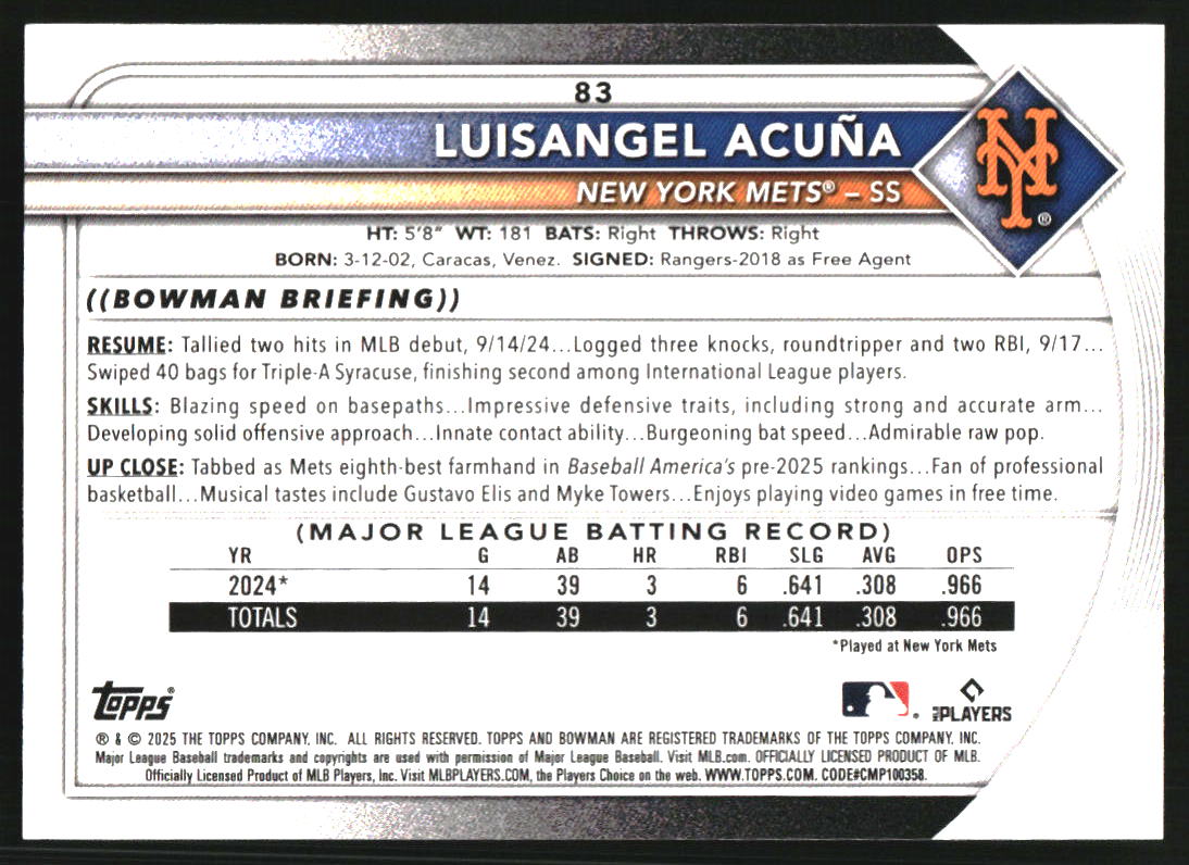 2025 Bowman Neon Green #83 Luisangel Acuna