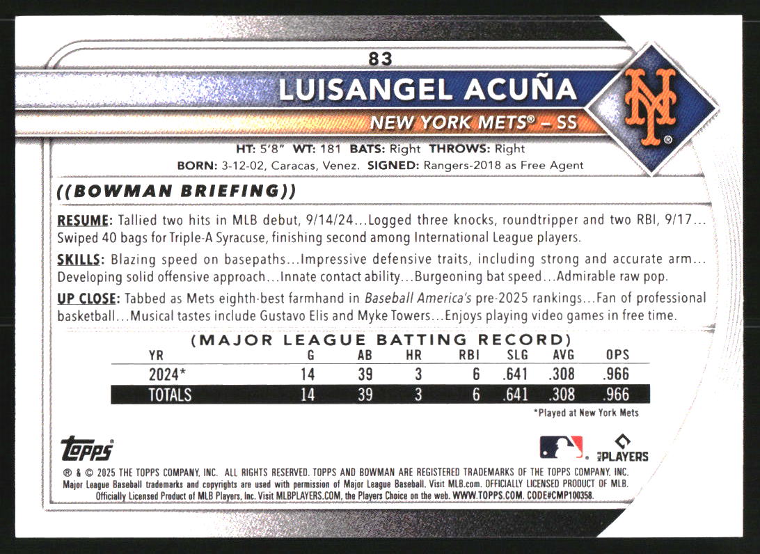 2025 Bowman Purple #83 Luisangel Acuna