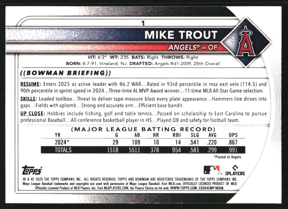 2025 Bowman Yellow Pattern #1 Mike Trout