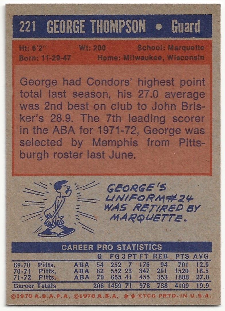 1972-73 Topps #221 George Thompson back image