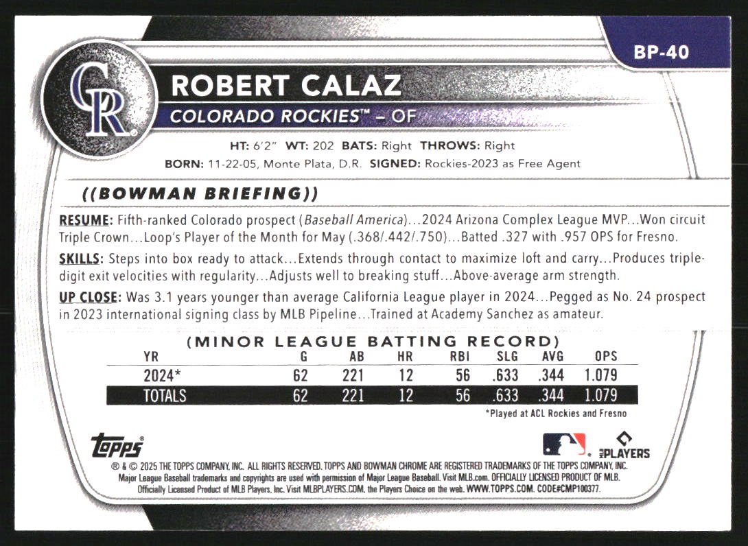 2025 Bowman Prospects Neon Green #BP40 Robert Calaz