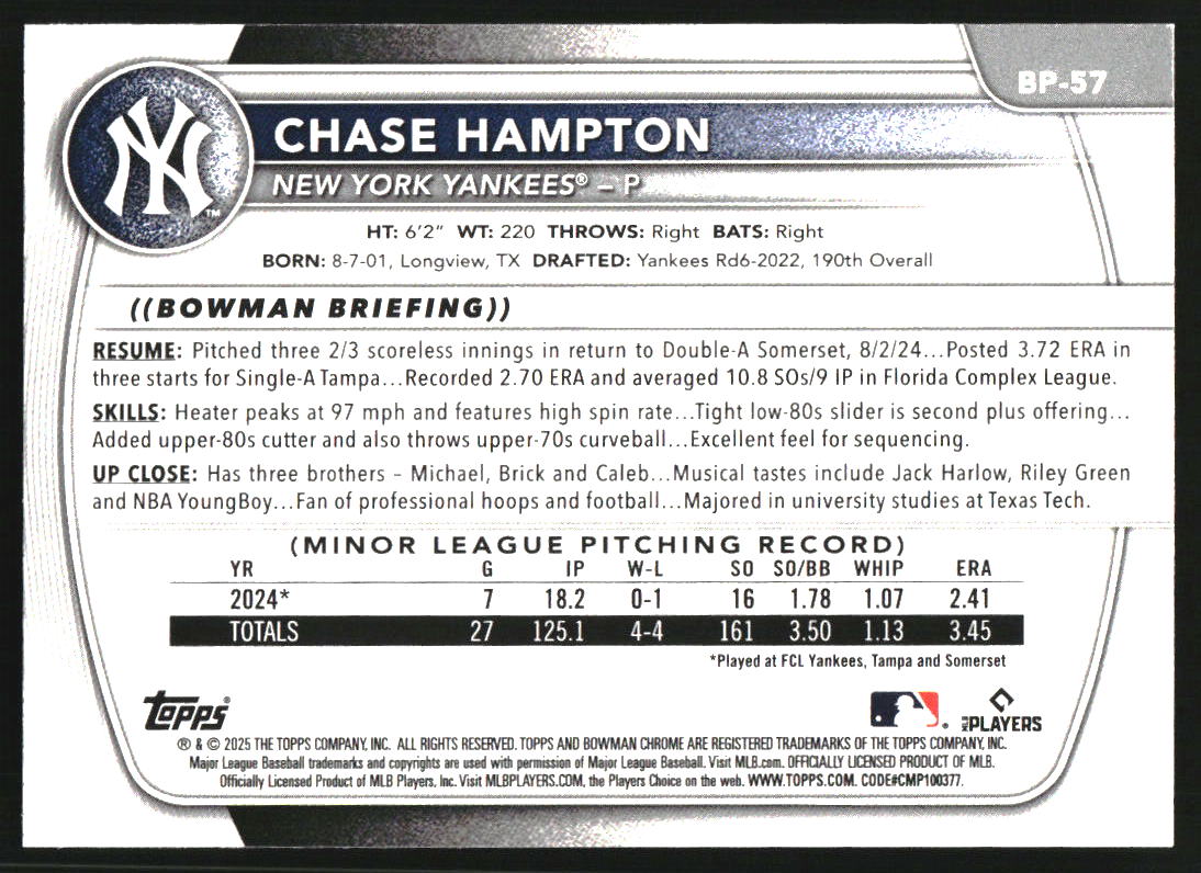 2025 Bowman Prospects Neon Green #BP57 Chase Hampton