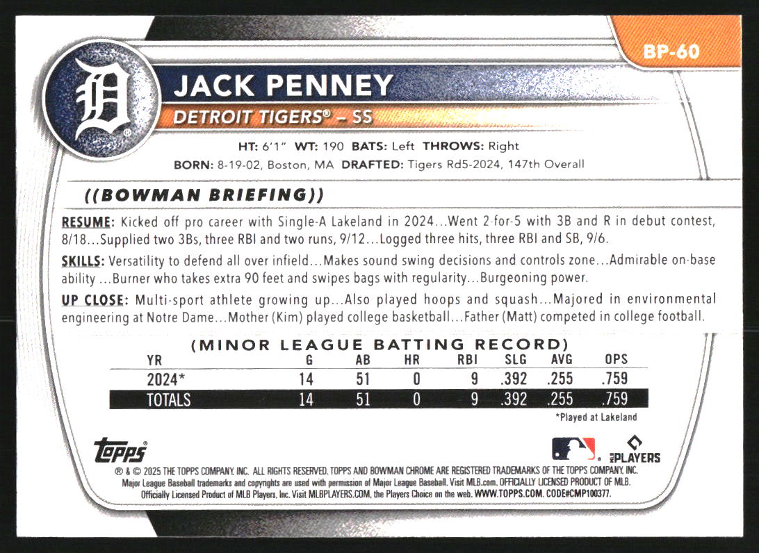 2025 Bowman Prospects Neon Green #BP60 Jack Penney