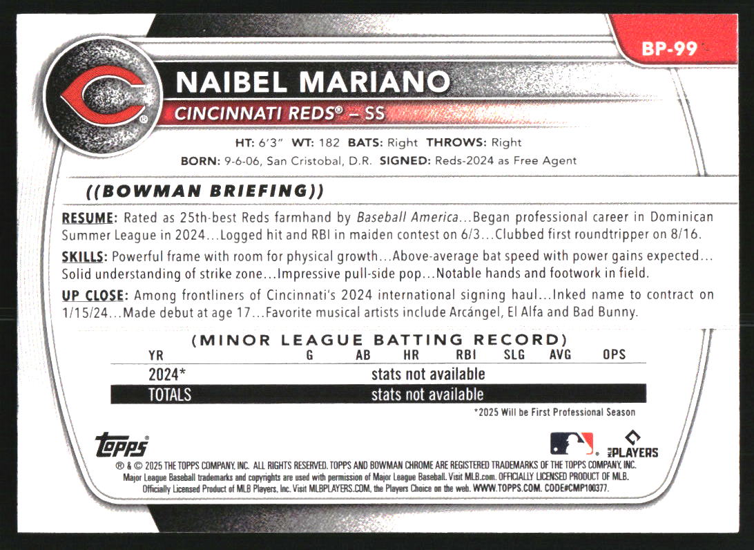 2025 Bowman Prospects Neon Green #BP99 Naibel Mariano
