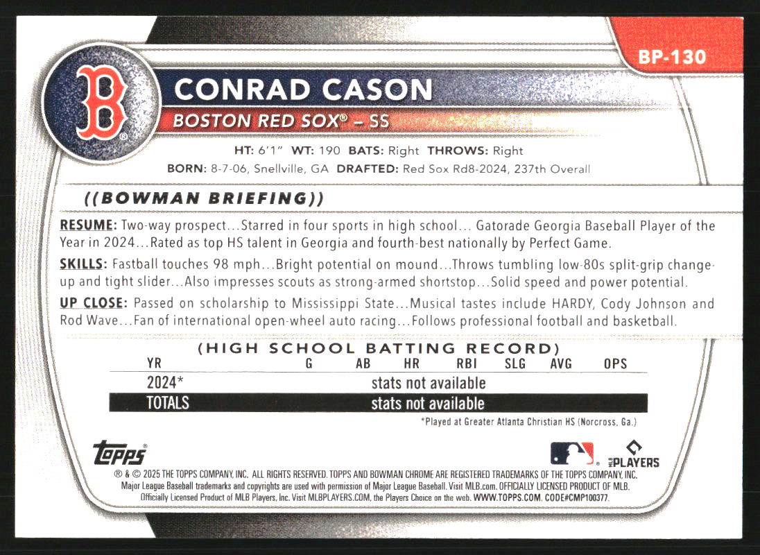 2025 Bowman Prospects Neon Green #BP130 Conrad Cason