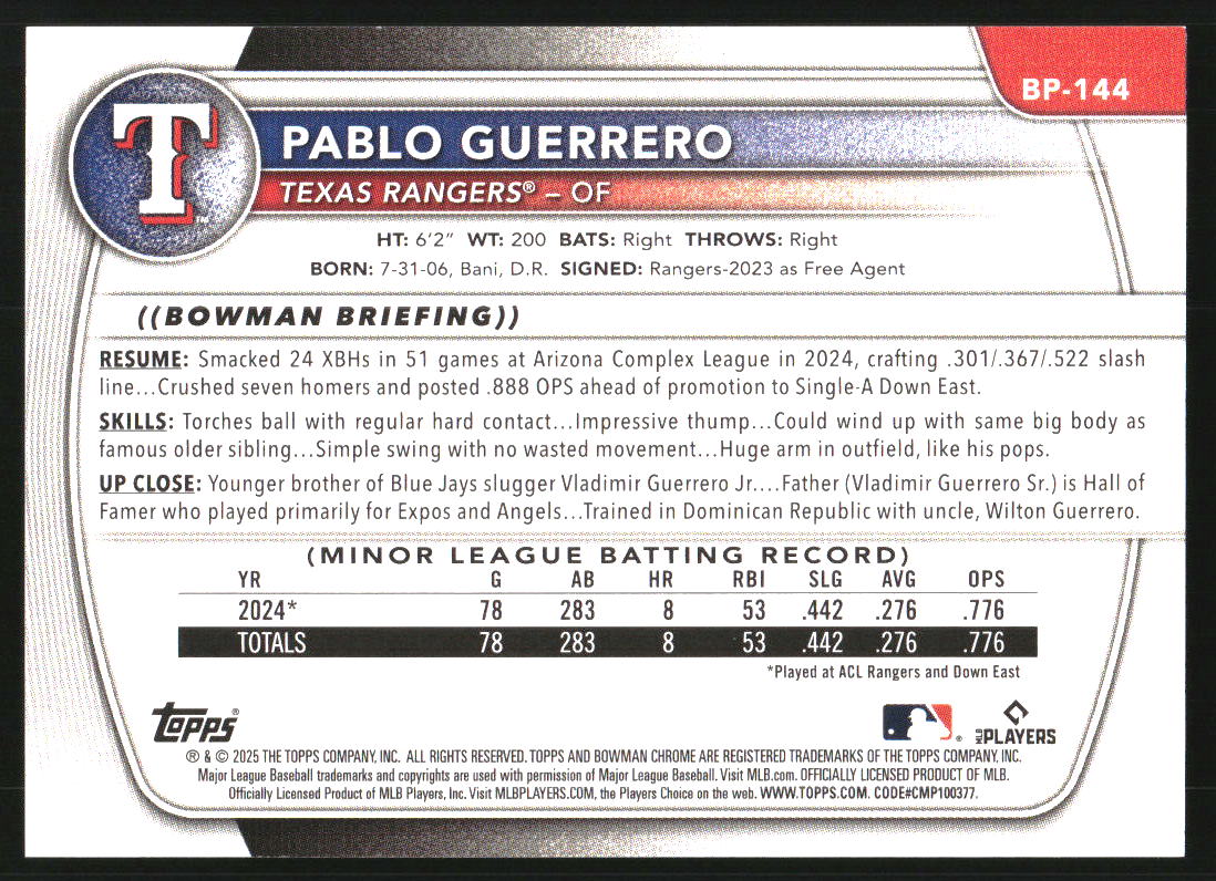 2025 Bowman Prospects Neon Green #BP144 Pablo Guerrero
